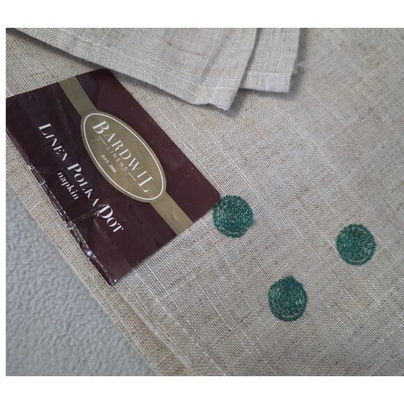Lot 4 New Bardwil Linen Cloth Napkins Green Polka Dot Embroidered Burlap - Picture 2 of 5